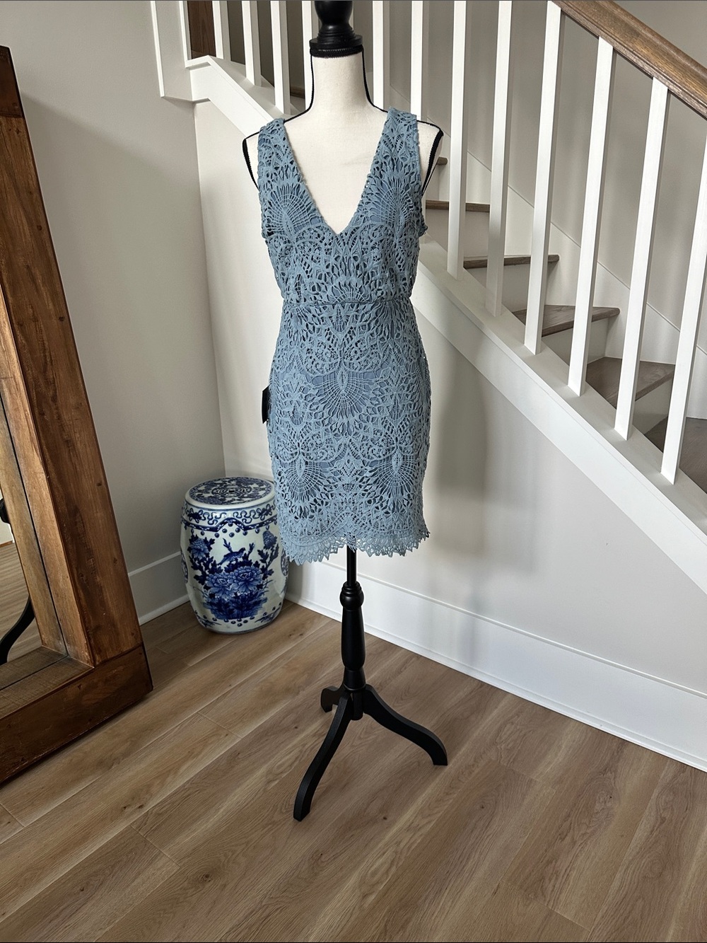Lulu's Dusty Blue Lace V-Neck Mini Dress